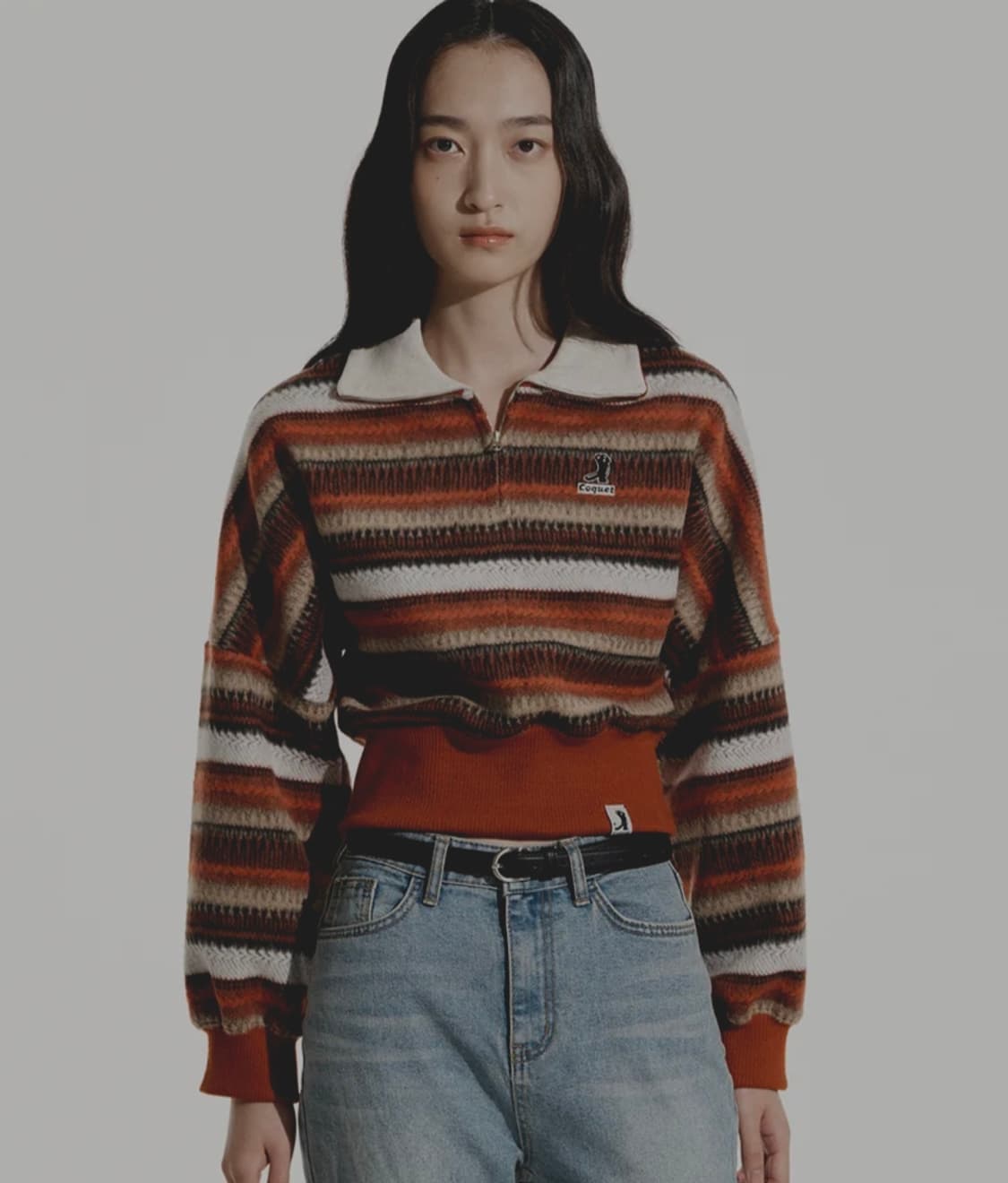 코케트(COQUET) 스트라이프 카라 하프 집업 니트 - 오렌지 상품이미지3