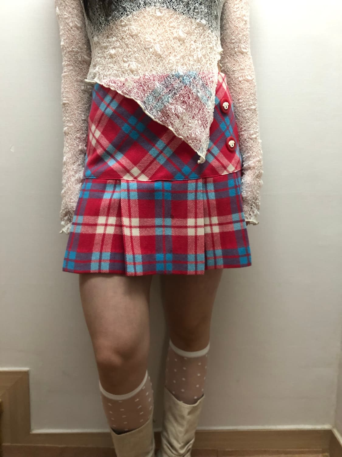 빈티지 핑크 블루 체크 미니 플리츠 스커트 상품이미지3