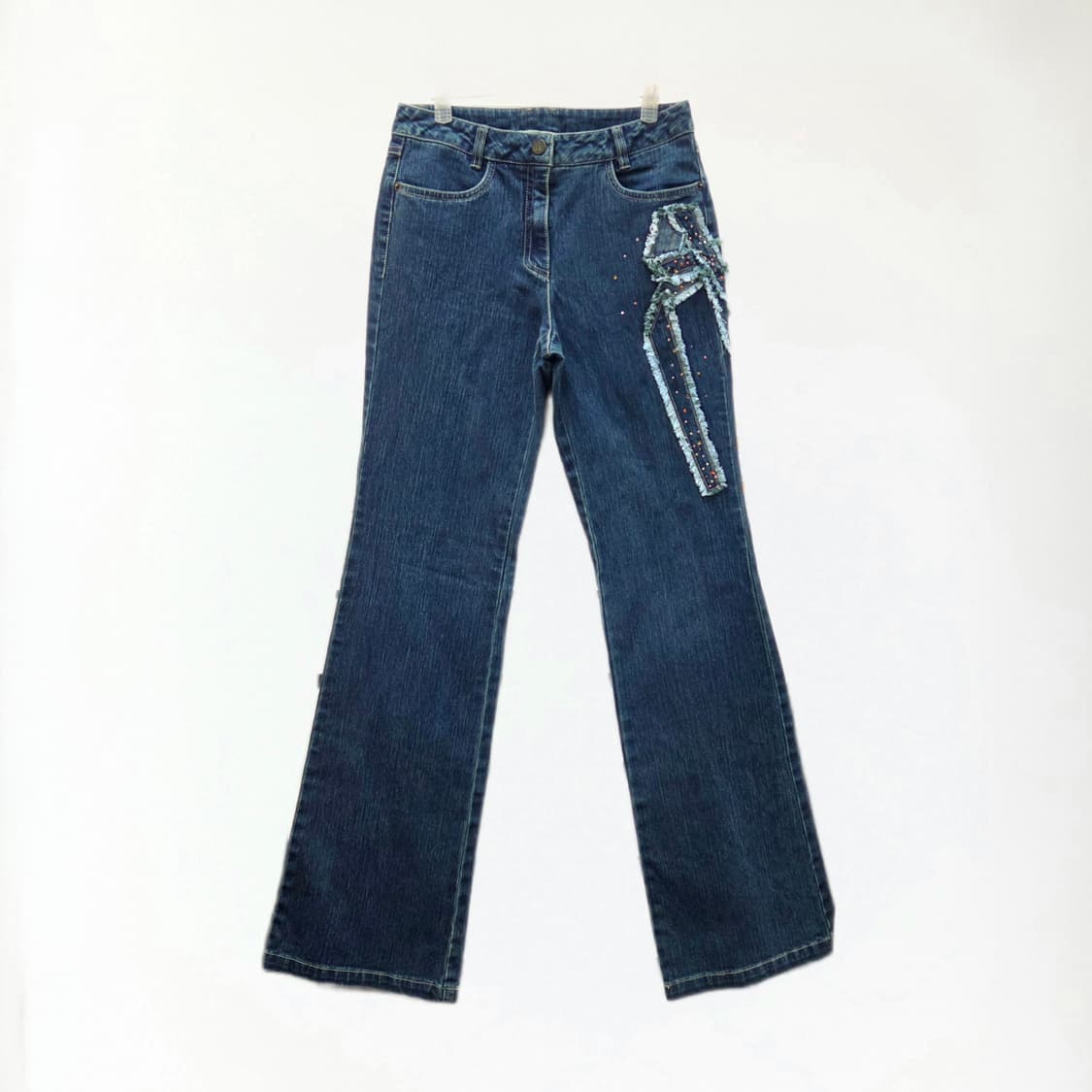 y2k 큐빅 프린지 리본 부츠컷 데님 Bow&Crystal Jeans 상품이미지1