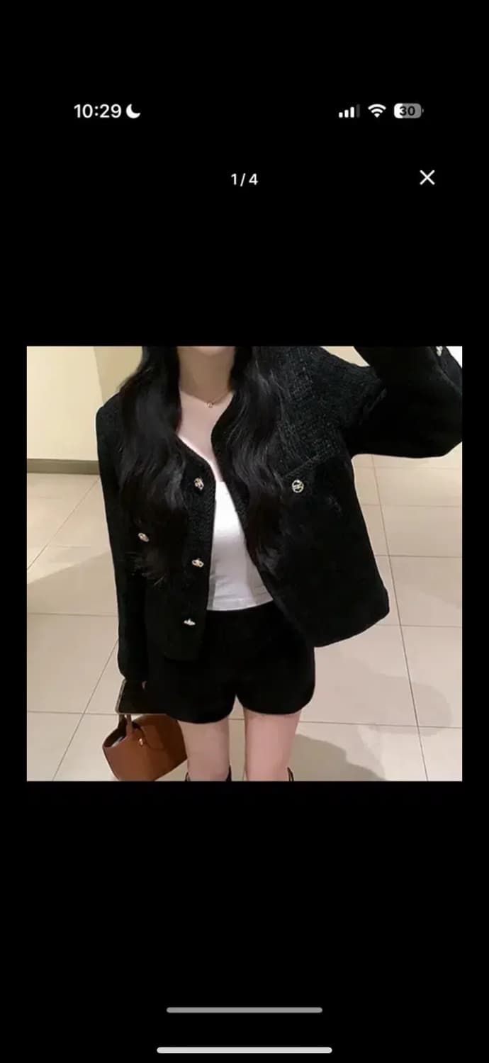 퀄팅안감/결혼식하객룩추천 ~]금장 트위드 노카라 라운드넥 긴팔 상품이미지1