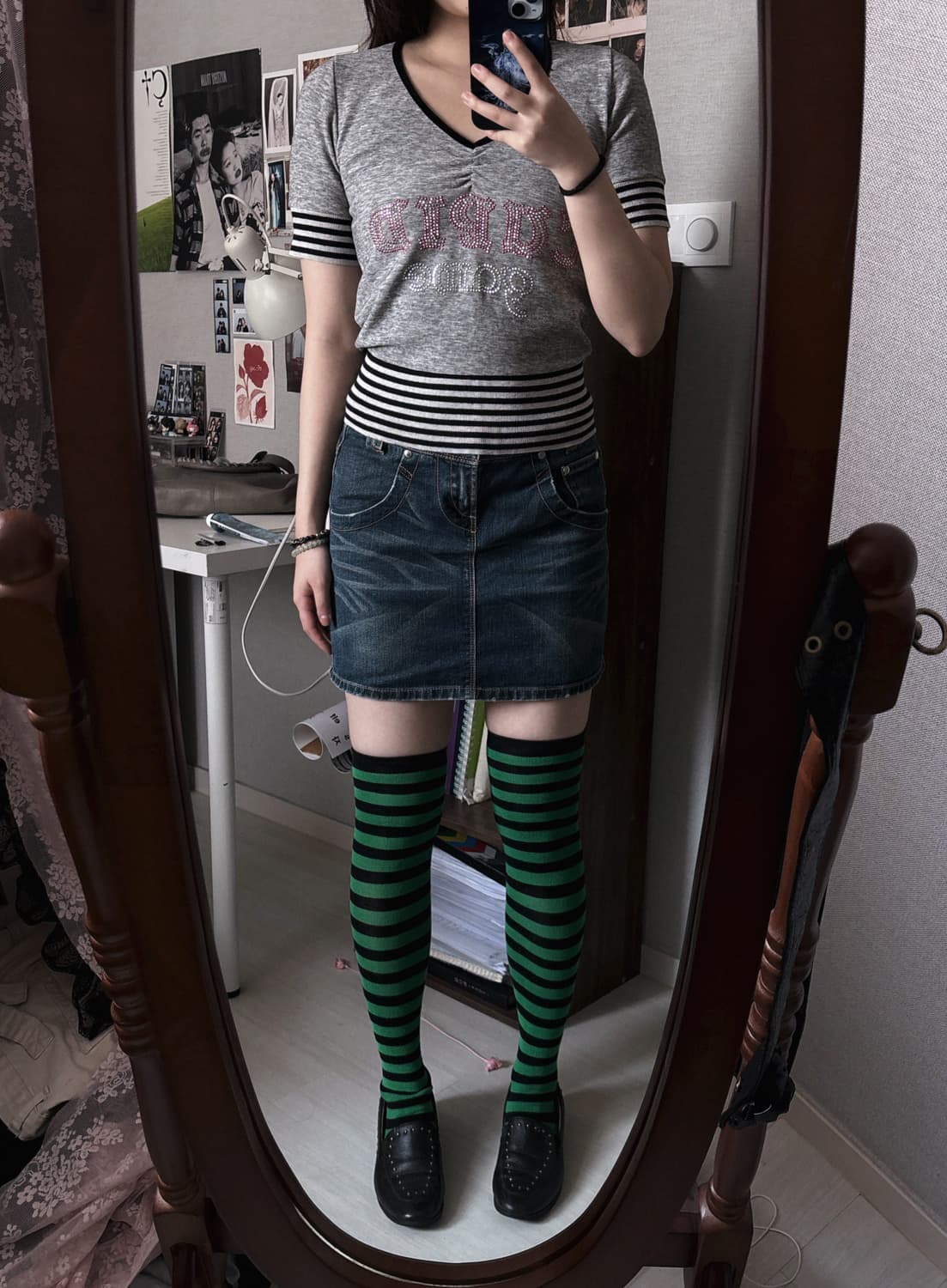 y2k 핑크 비즈 그레이 반팔티 상품이미지4