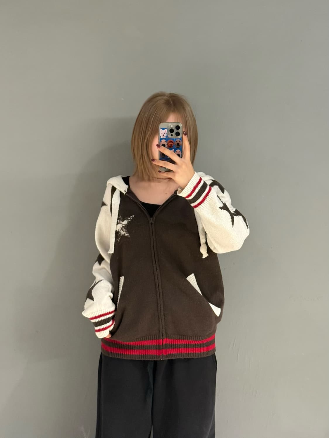 star pattern point knit hood zip-up 상품이미지2