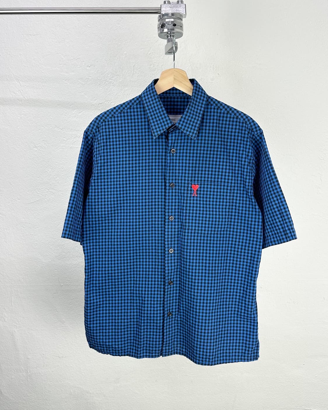 아미 블루 블랙 깅엄체크 로고 반팔 셔츠  상품이미지1