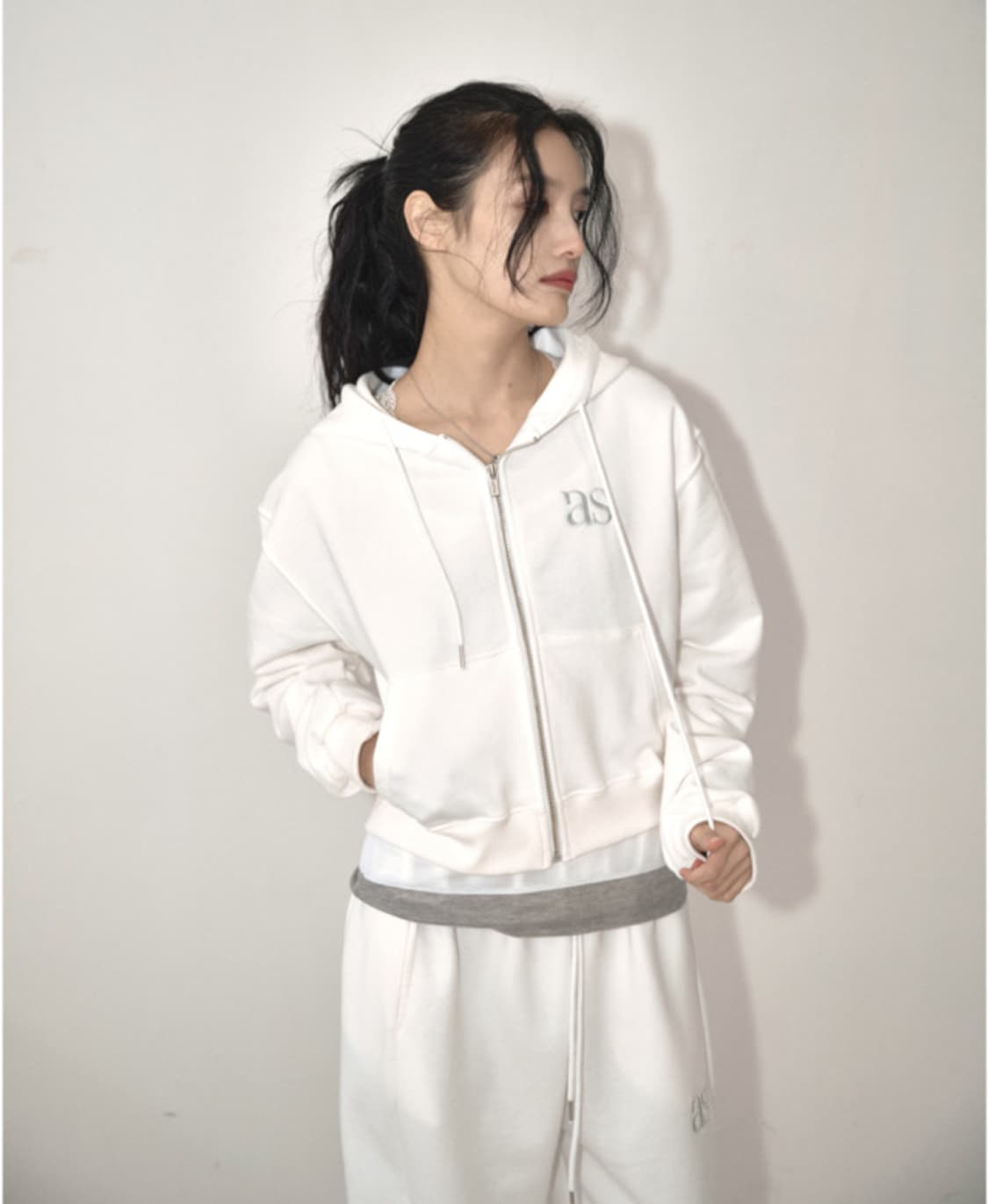 애즈온 베이직 트레이닝 후드 집업/화이트 상품이미지1
