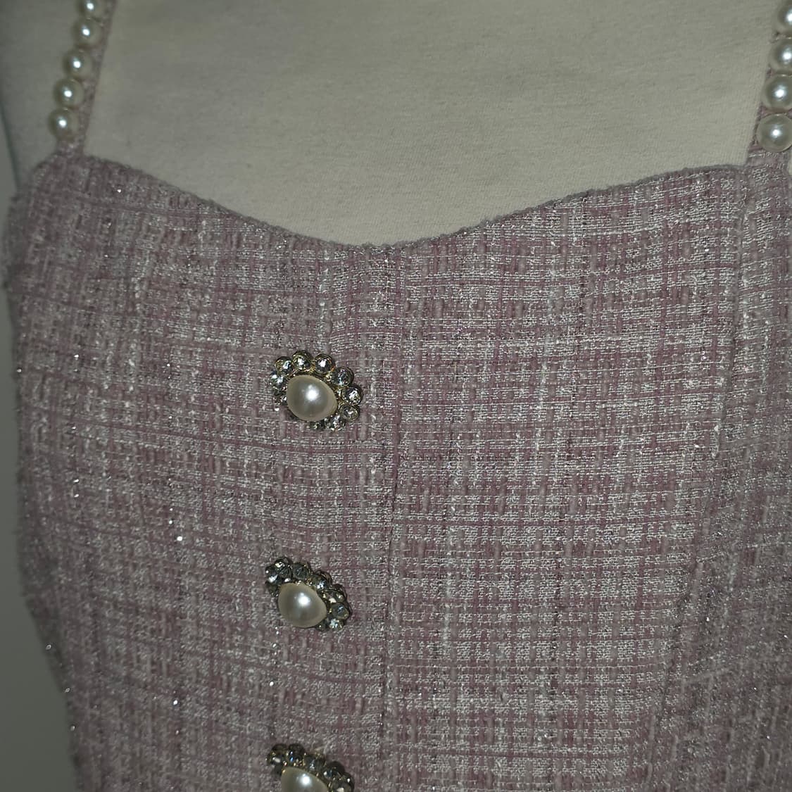 evelyn 에블린)양산형 스나계st 핑크 트위드 글리터 진주 원피스op 상품이미지4