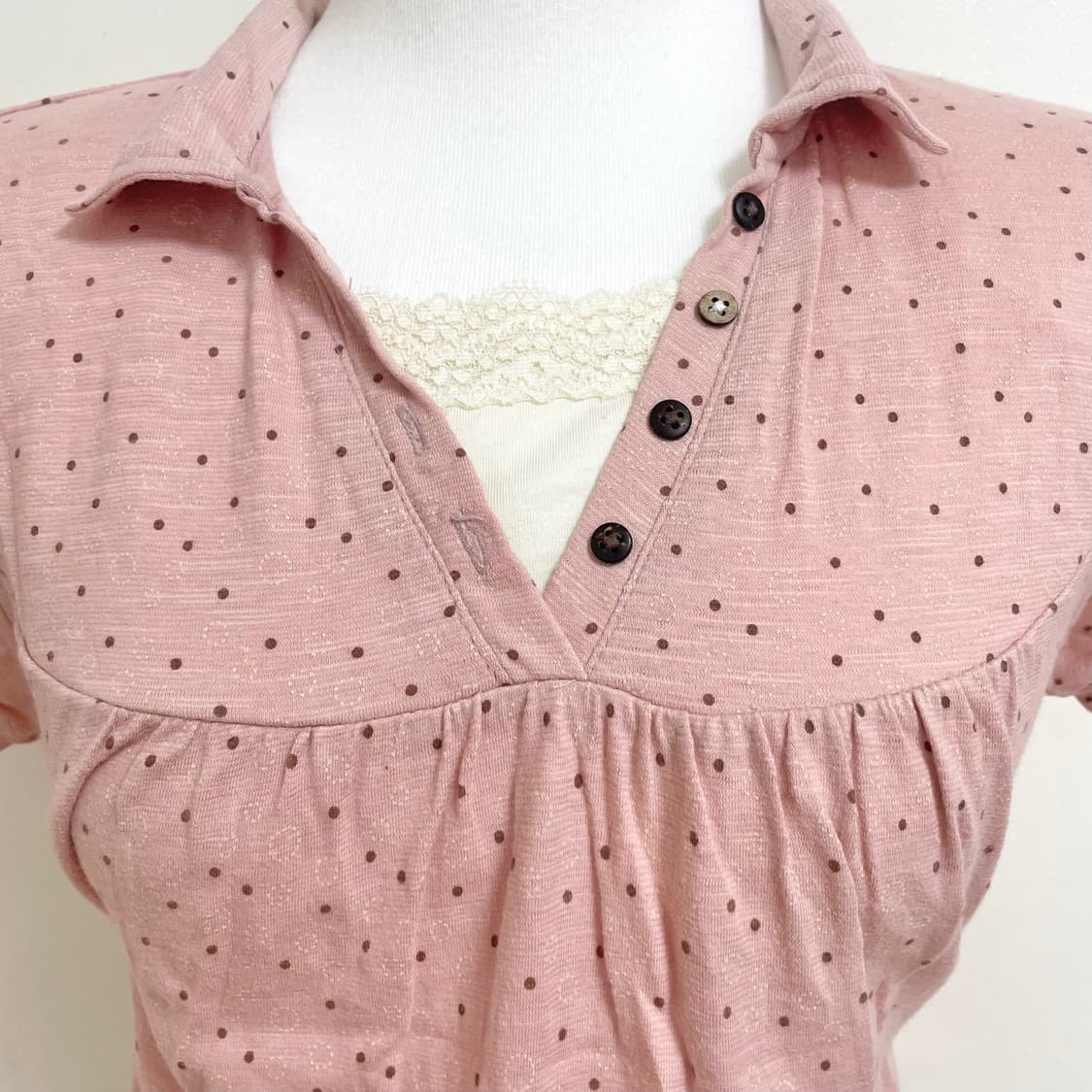 일본빈티지 너드 모리깔 핑크 도트 레어이드탑 러블리히메 도트탑 도트반팔 상품이미지3