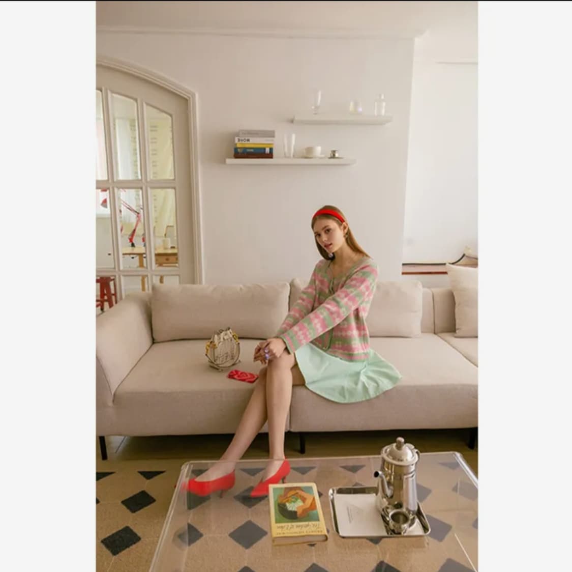 새상품)  라운드트리코 클로버 하트넥 가디건 핑크 free 상품이미지3