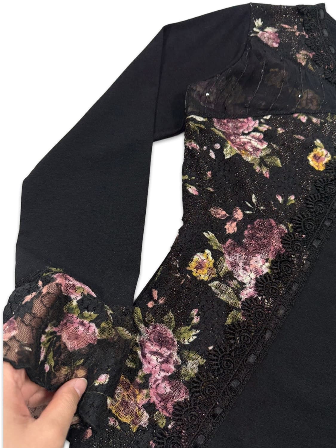 빈티지 블랙 시스루 로즈 리본 긴팔 블라우스 상품이미지3