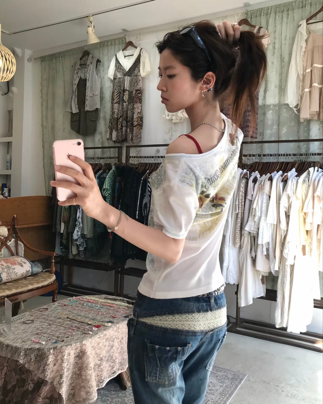 빈티지 그런지 라네즈걸 레이스 데님 팬츠 코디 세트 상품이미지4