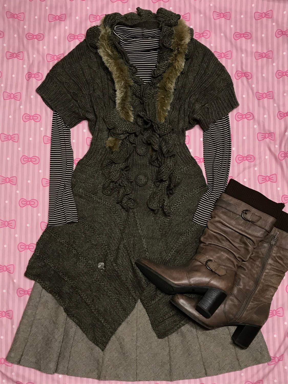 오네갸루 퍼 니트 롱니트 브라운 갸루 상품이미지1