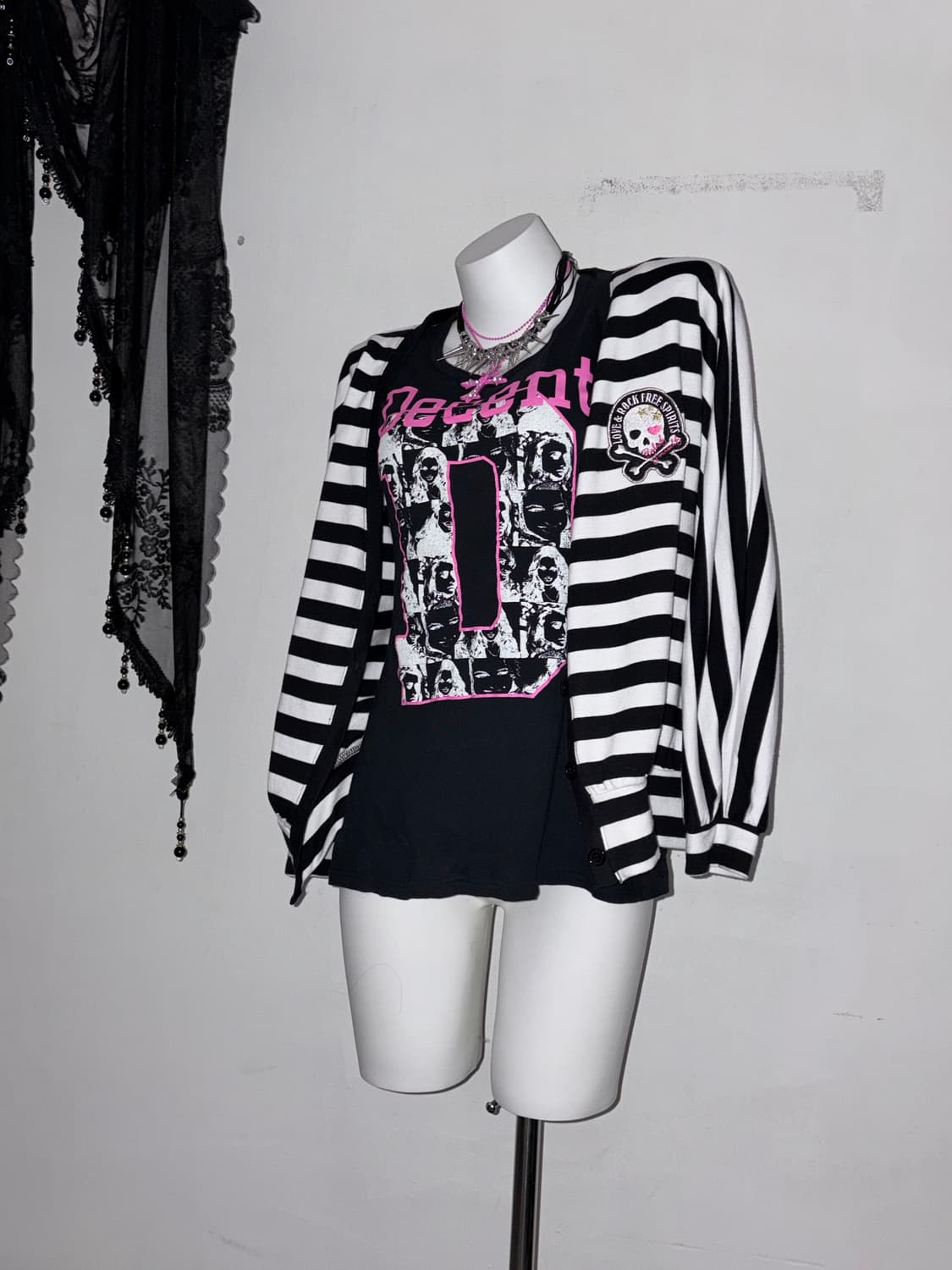 해골 스트라이프 가디건 스컬 이모키드 씬키드 emo scene 키치갸루 상품이미지1