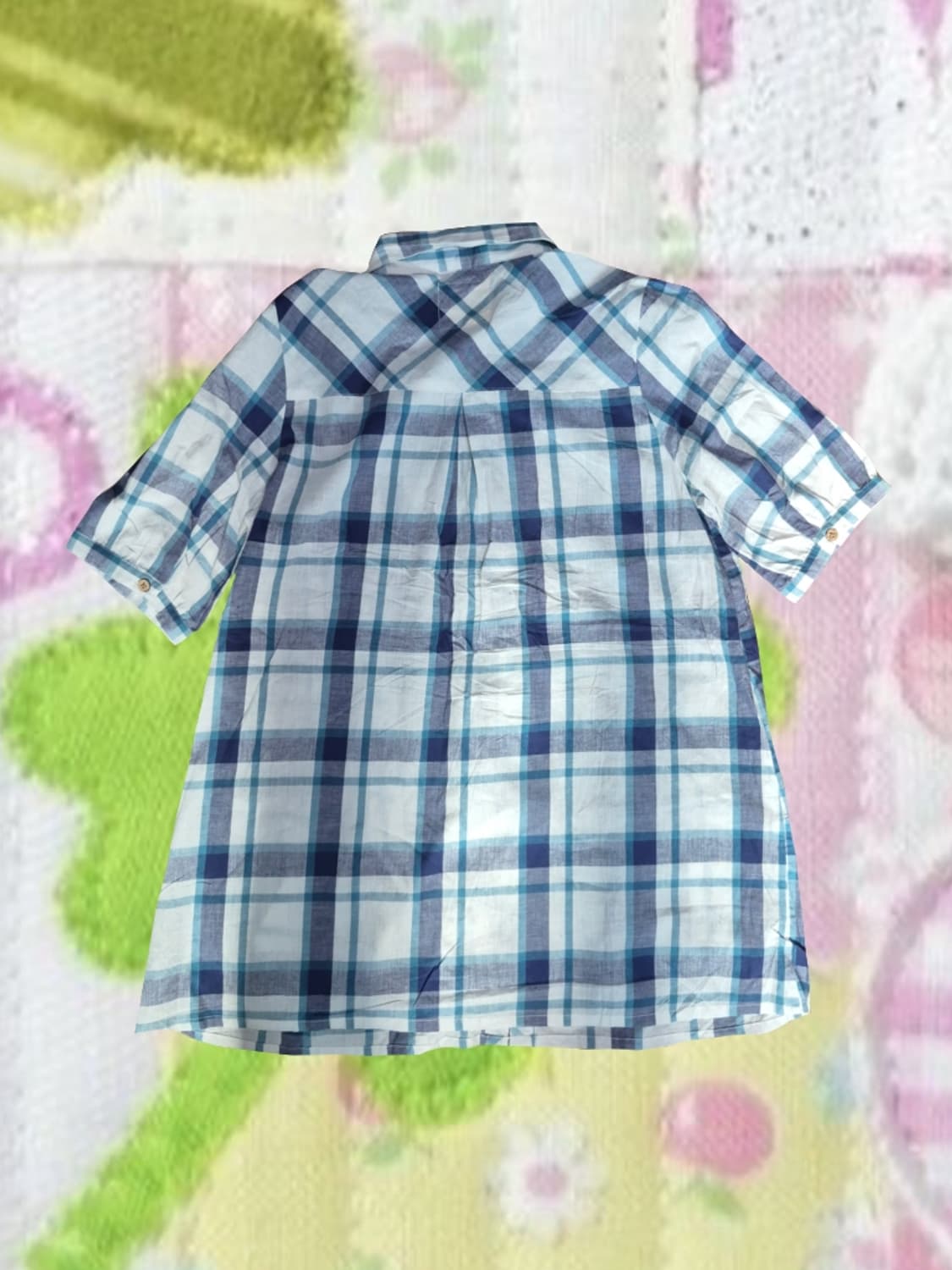 빈티지 모리걸 우드단추 블루 체크 반팔 셔츠 블라우스 상품이미지2