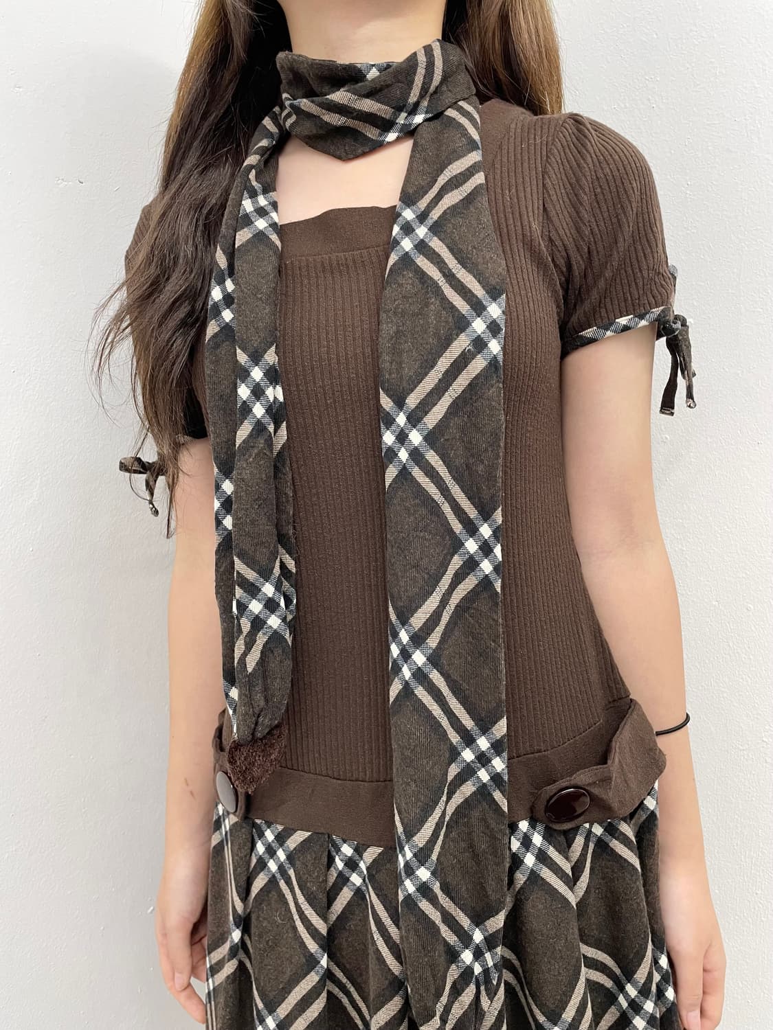 라떼갸루 체크 플리츠 원피스 머플러 세트*레어 상품이미지4