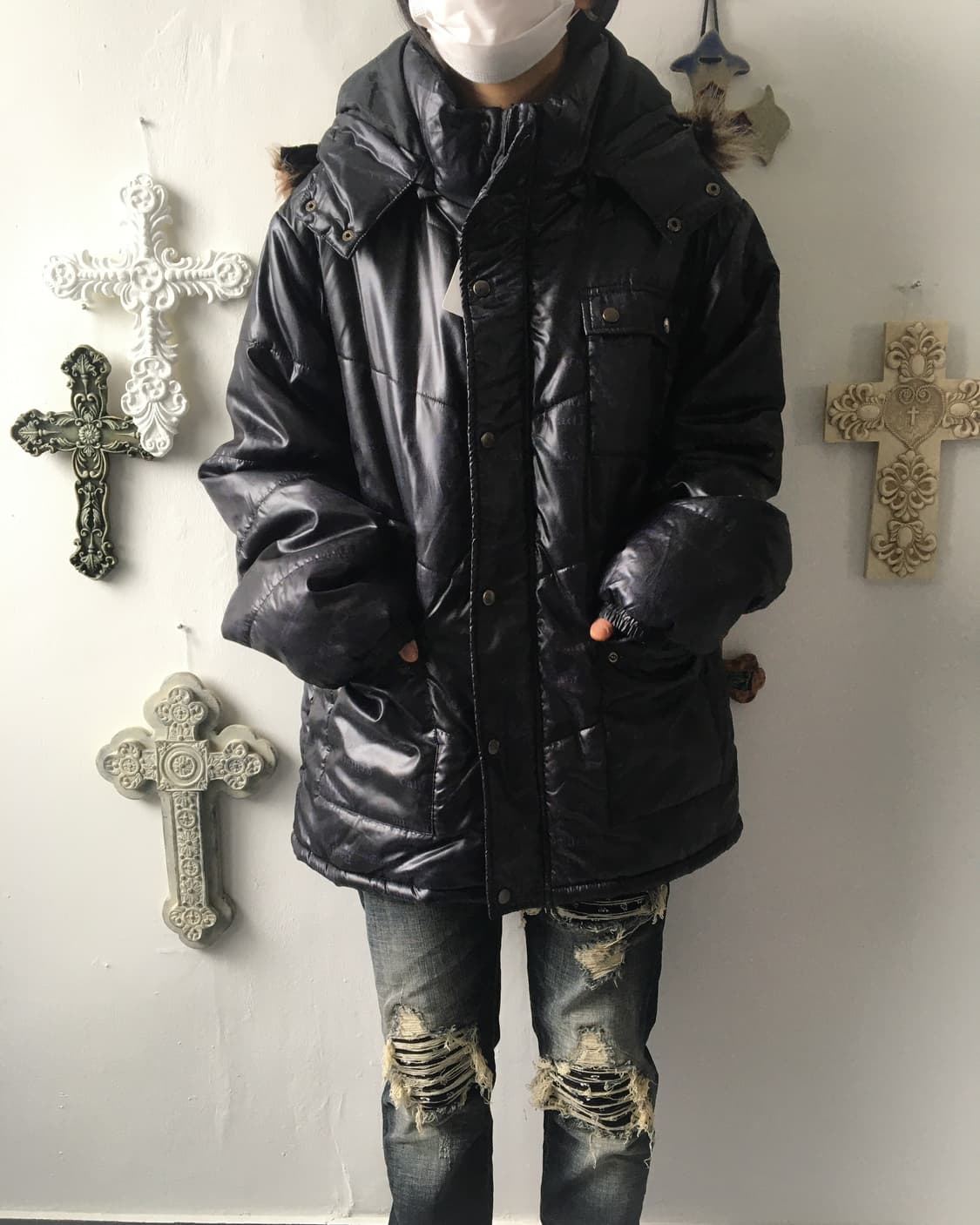 Fake fur hood lettering printing jumper 상품이미지1