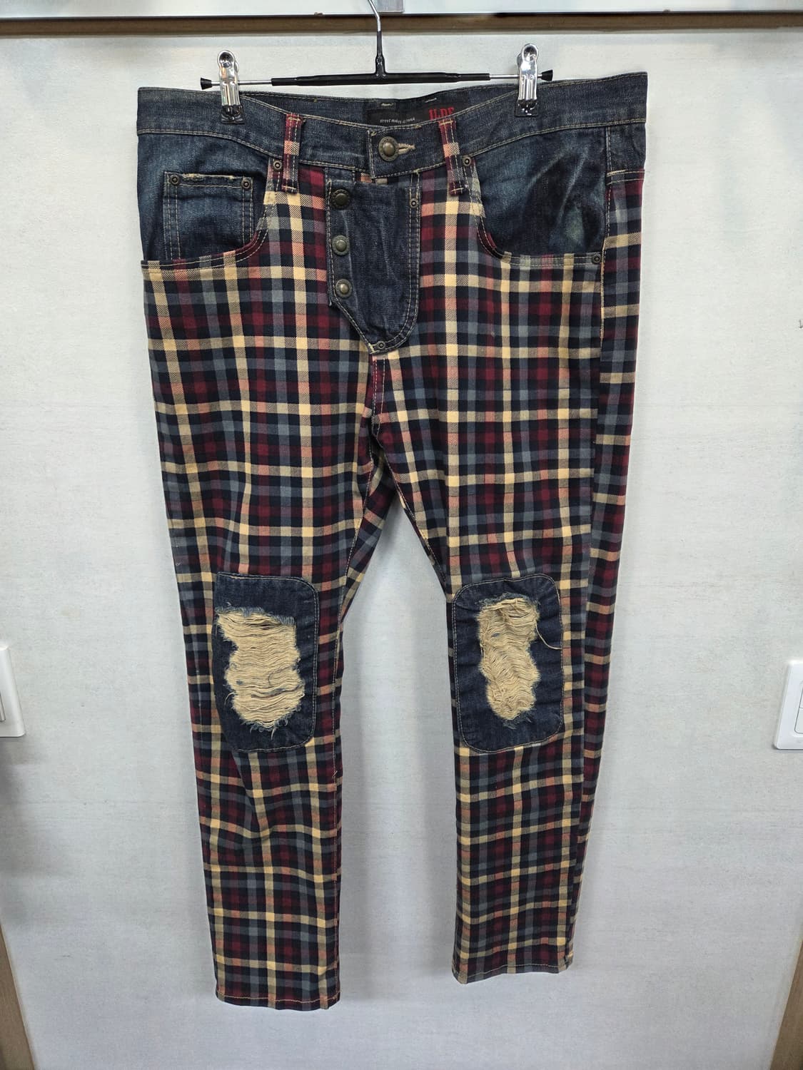 빈티지 idlf 패치워크 체크 데미지 데님팬츠 L 대략 34 상품이미지1