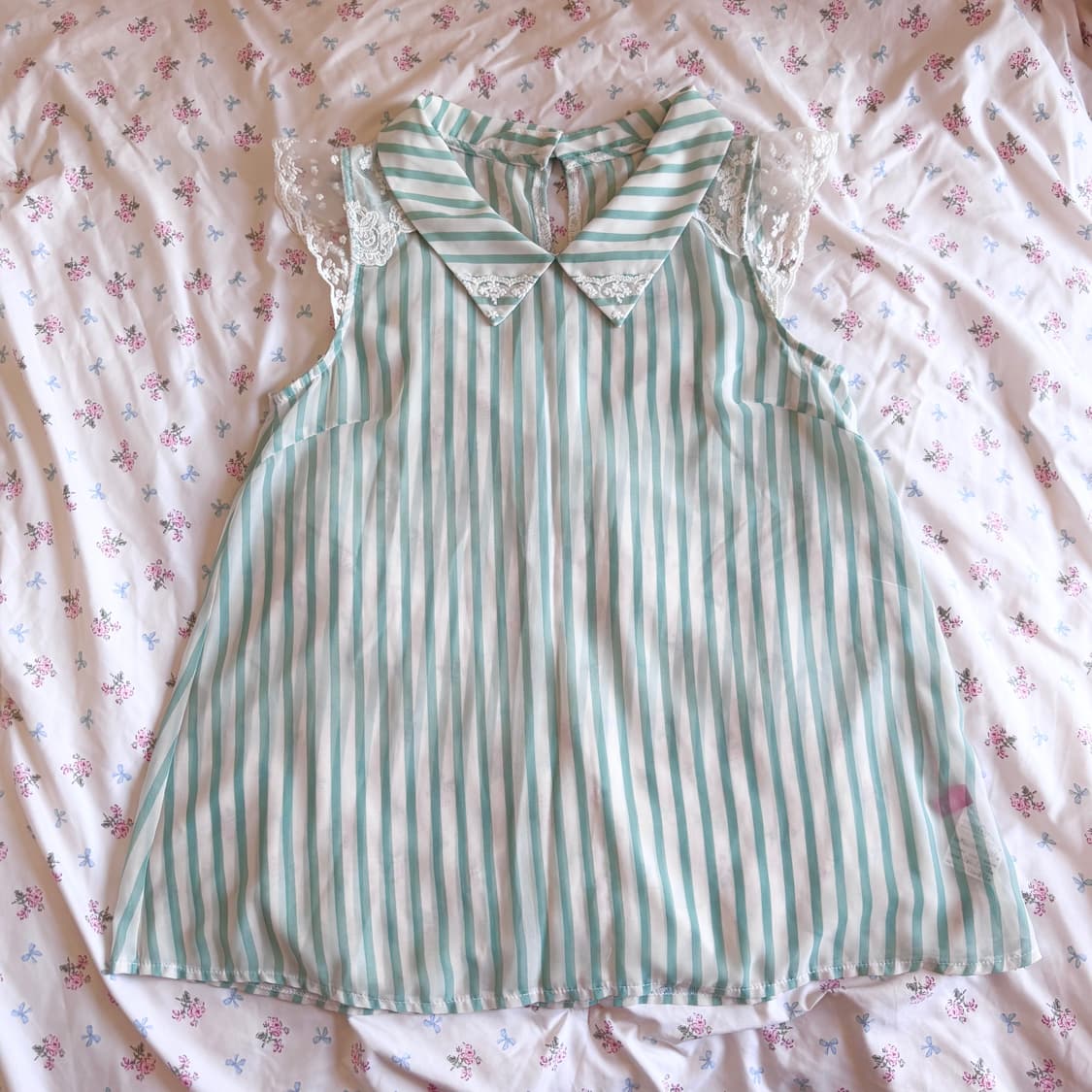 레이스 카라 민트 그린 스트라이프 슬리브리스 블라우스 일브 빈티지 히메 상품이미지1