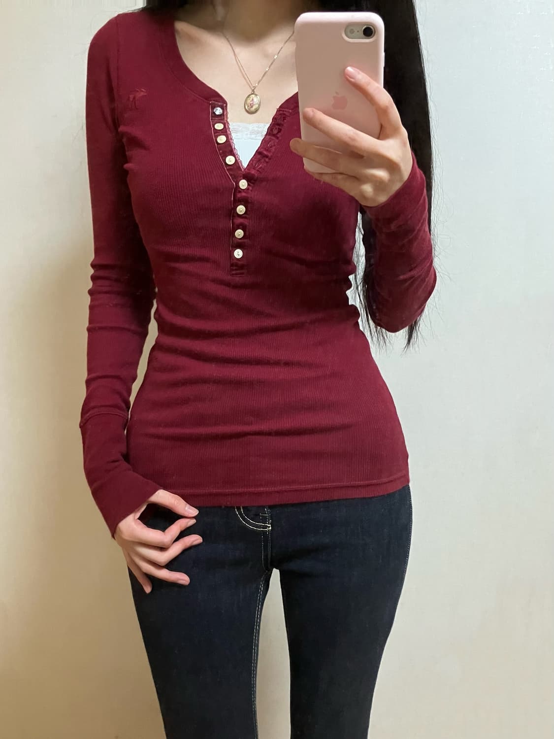 착샷o) 아베크롬비 y2k 딱붙 버건디 헨리넥 상품이미지2