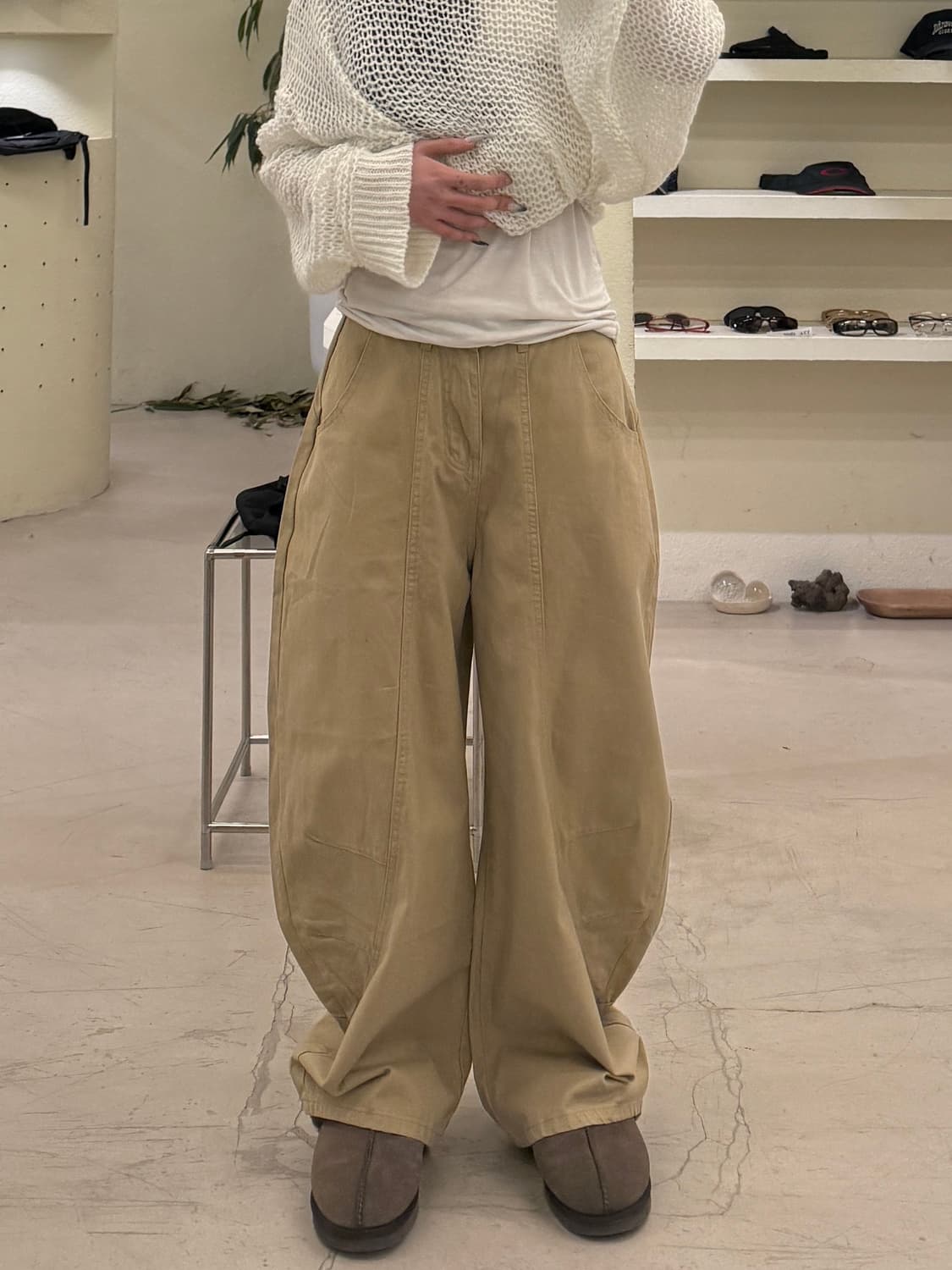 빈티지 커브드 베이지 코튼 팬츠 U642 상품이미지1
