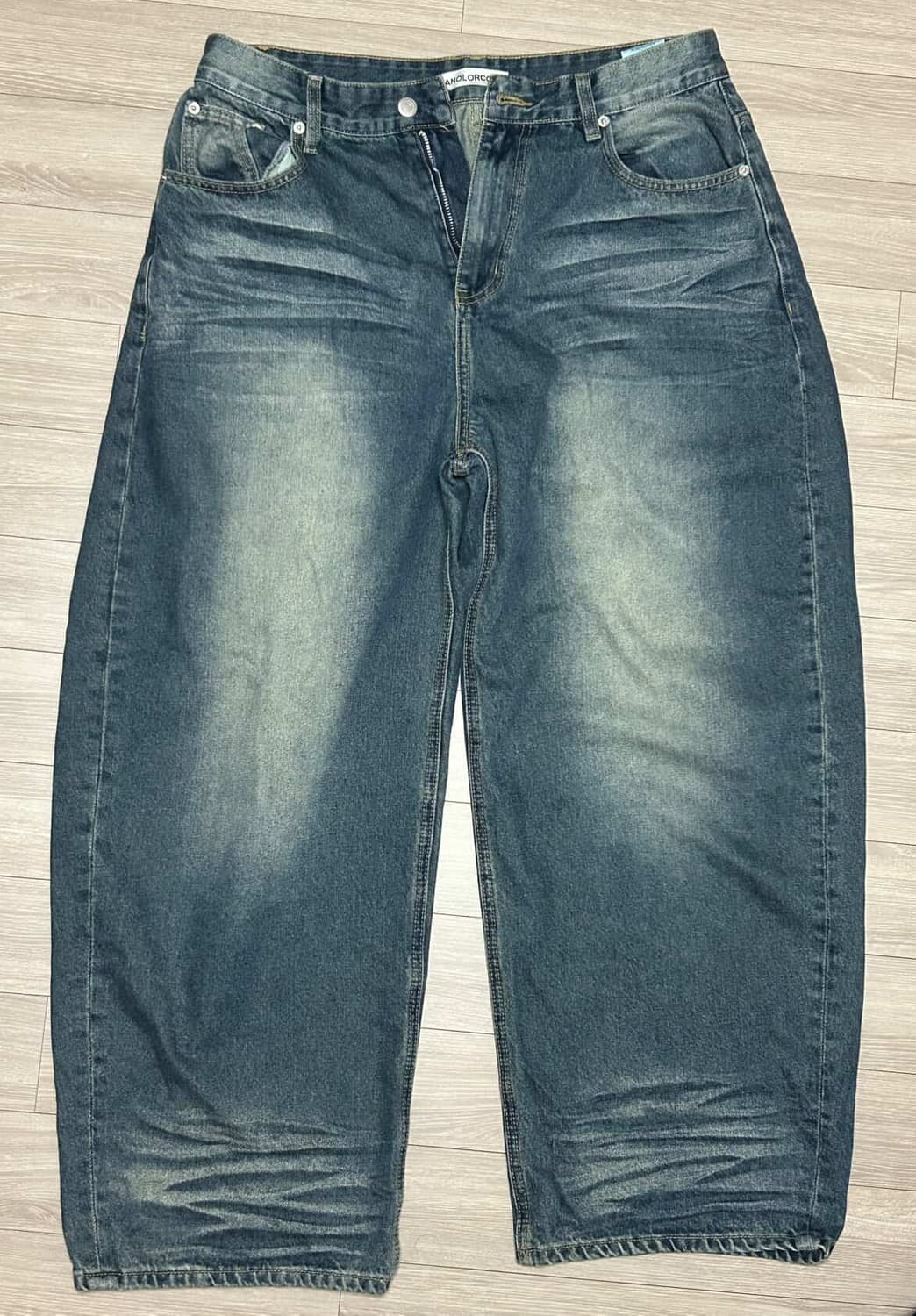 남녀공용 어널레코드 엠보워싱 데님팬츠 그린블루 L 상품이미지1