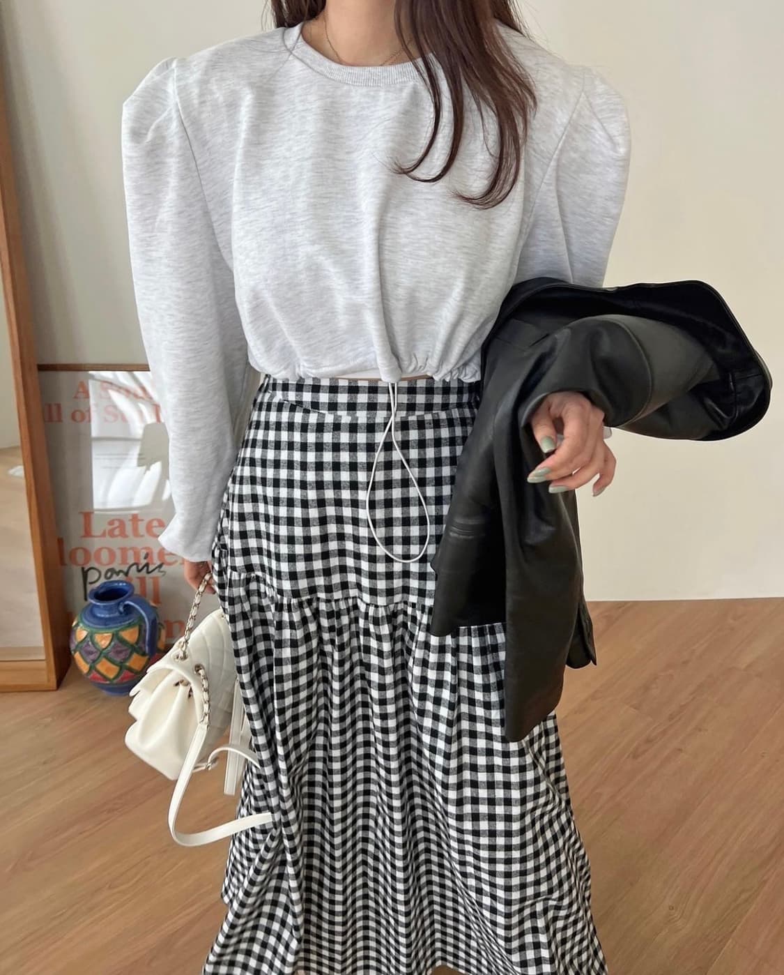 러브미우 카푸치노 깅엄 체크 스커트 드하우 요니핏 리본타이 온무드 상품이미지9
