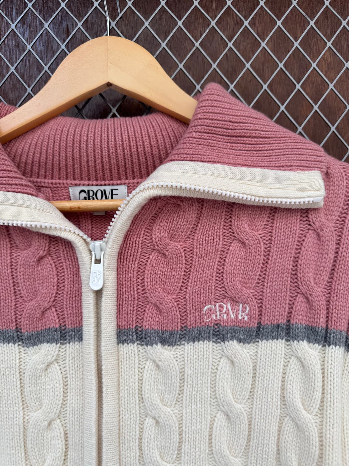 그로브 그로브스토어 제이 배색 핑크 이중지퍼 니트 집업 가디건 F 상품이미지4