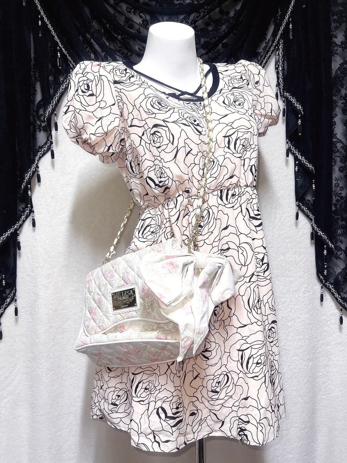 로맨틱 히메갸루 로걀 로즈패턴 퍼프숄더 원피스 드레스 핀터 라떼 러블리 상품이미지1