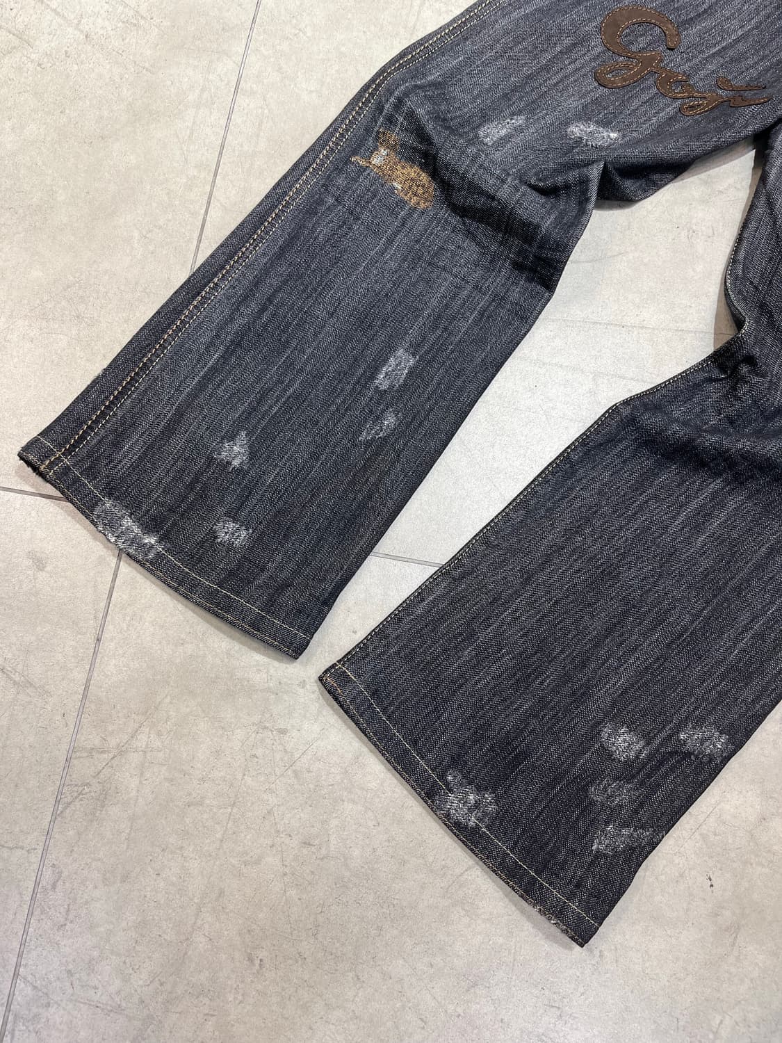 일본 빈티지 모리걸 고양이 레터링 패치 와이드 데님 팬츠  상품이미지7