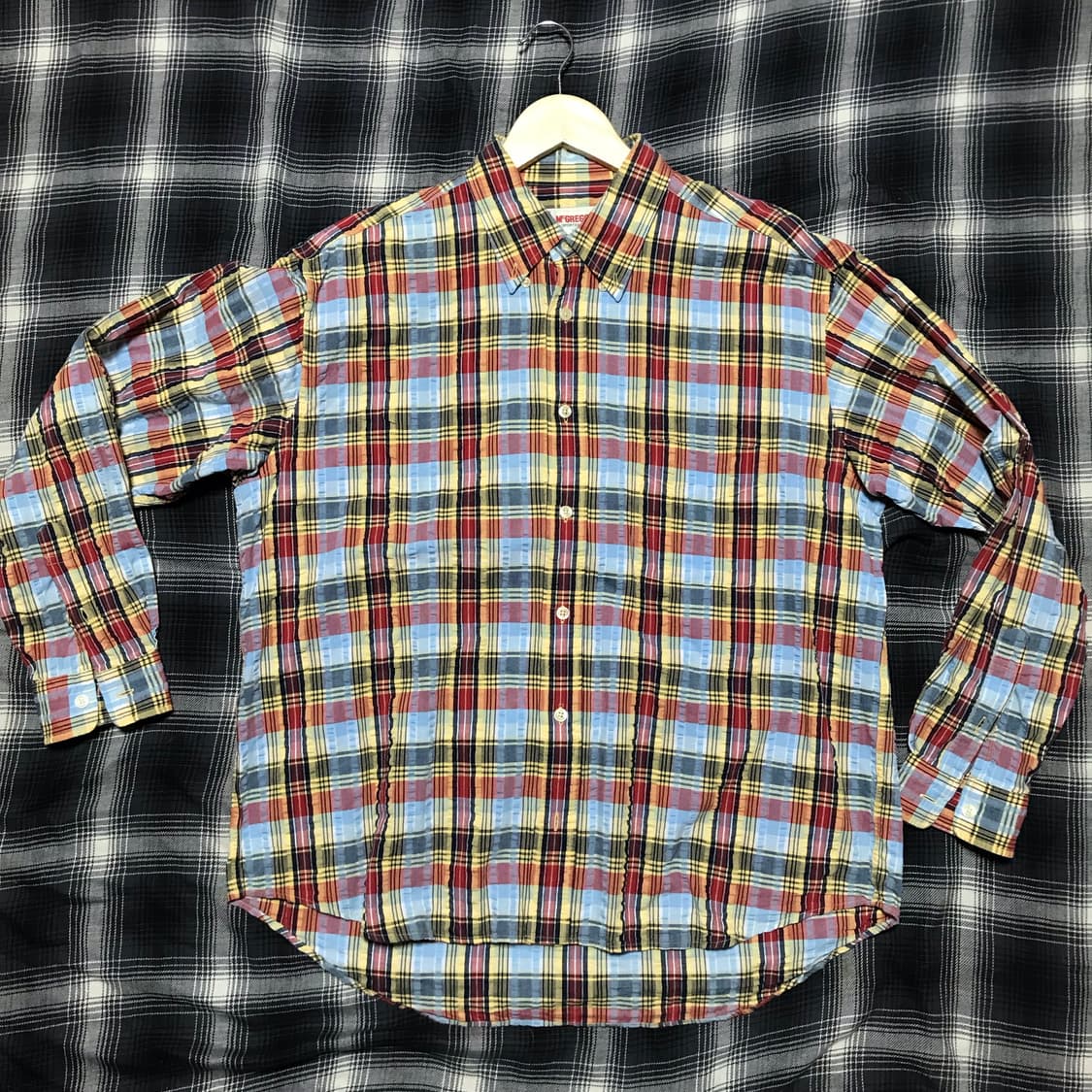 90s Mc gregor 맥그리거 다색 엠보싱 체크 셔츠 블루레드 상품이미지1