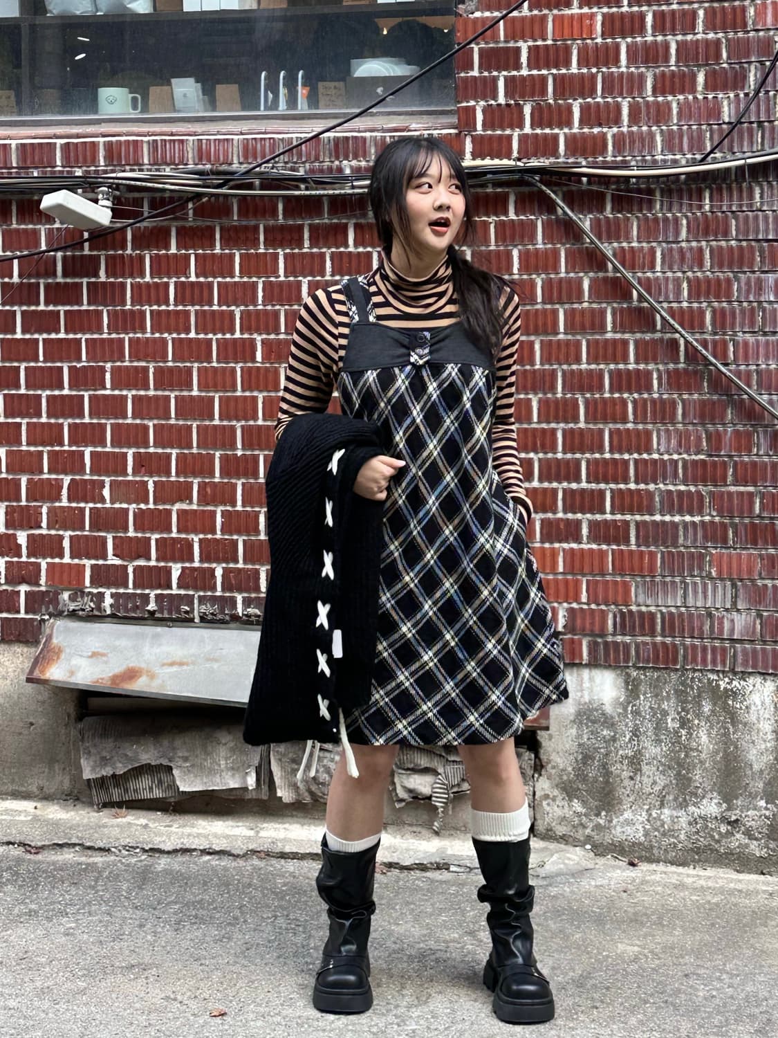 체크 원피스 롱 가디건 스트라이프 목폴라 코디세트 상품이미지5