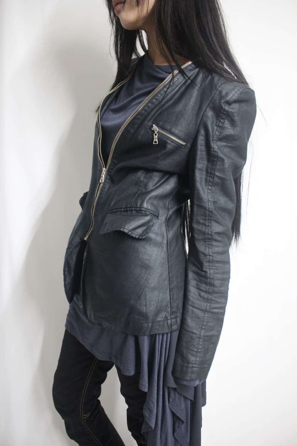 Navy leather skin zip collar puff jacket 상품이미지7