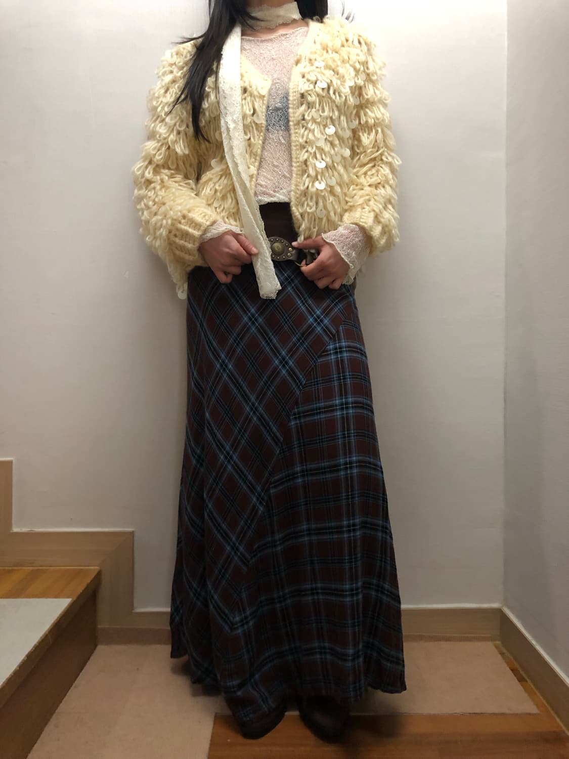 빈티지 다크브라운 체크 롱 스커트 상품이미지8