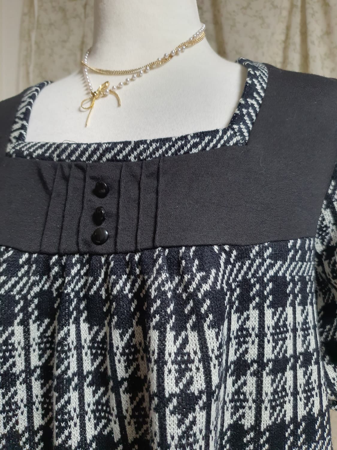 [모리걸] 너드모리 깅엄 체크 블랙 원피스 퍼프 반팔 LL 상품이미지2