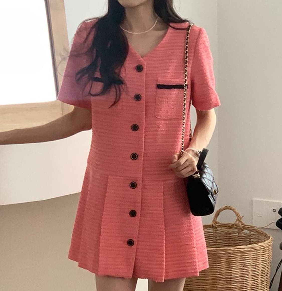 (시착만) 메리온 핫핑크 반팔 트위드 원피스 상품이미지1