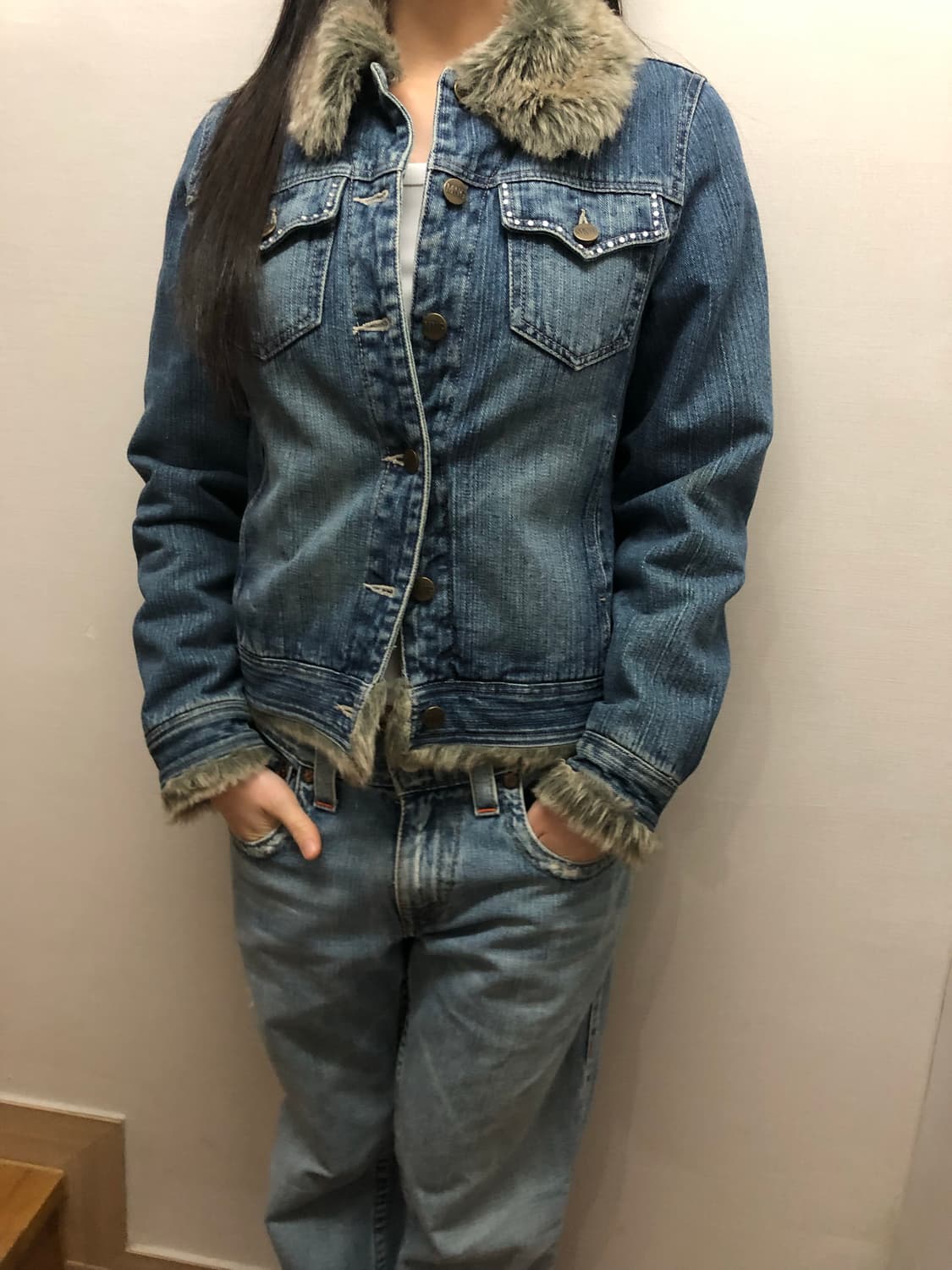 빈티지 데님 큐빅 퍼 자켓 상품이미지6