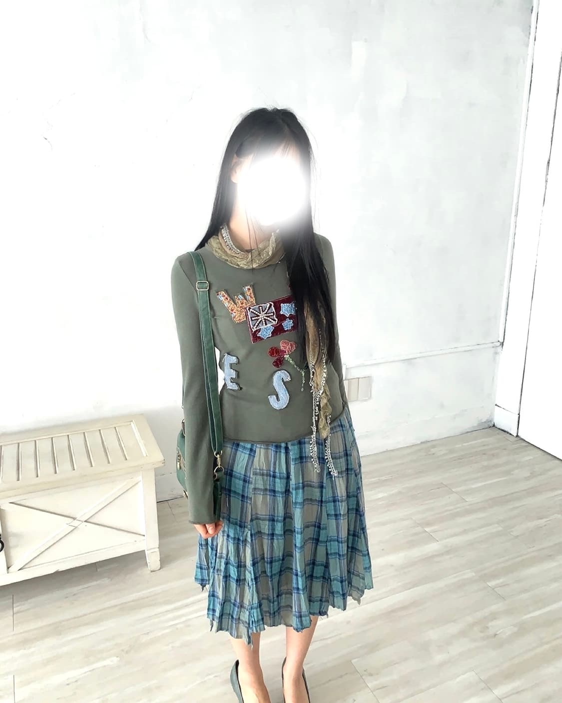 Blue Plaid Crinkle Midi Skirt 상품이미지5
