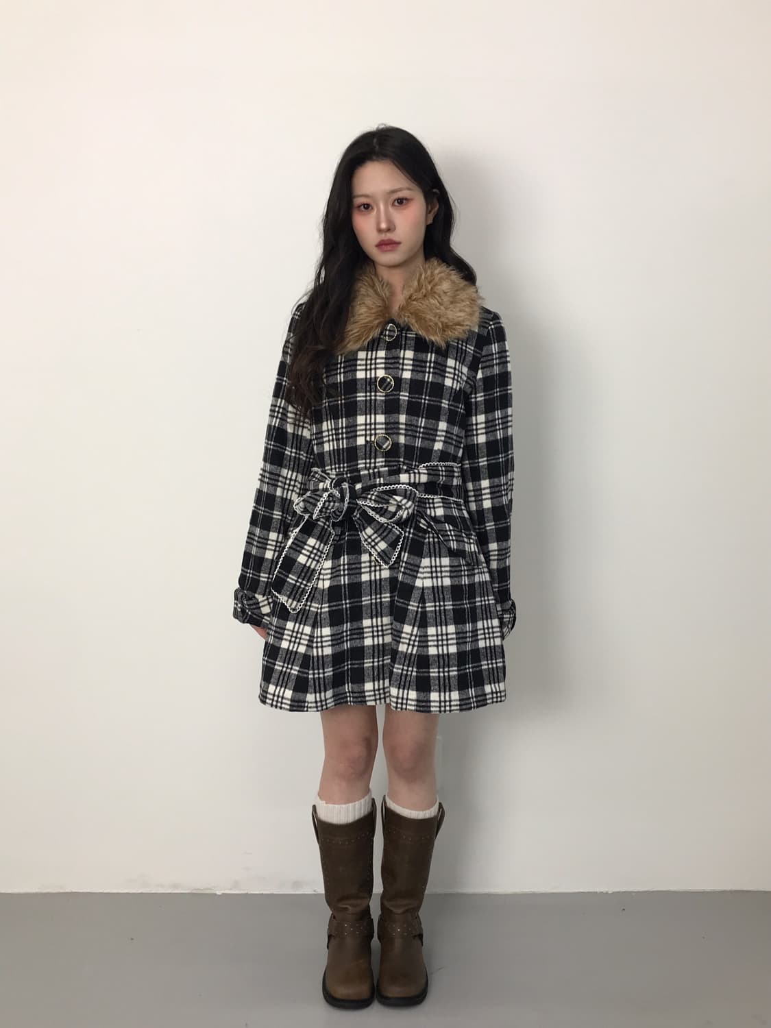 Jpn Onee-Gyaru Check Fur Collar Coat 상품이미지1