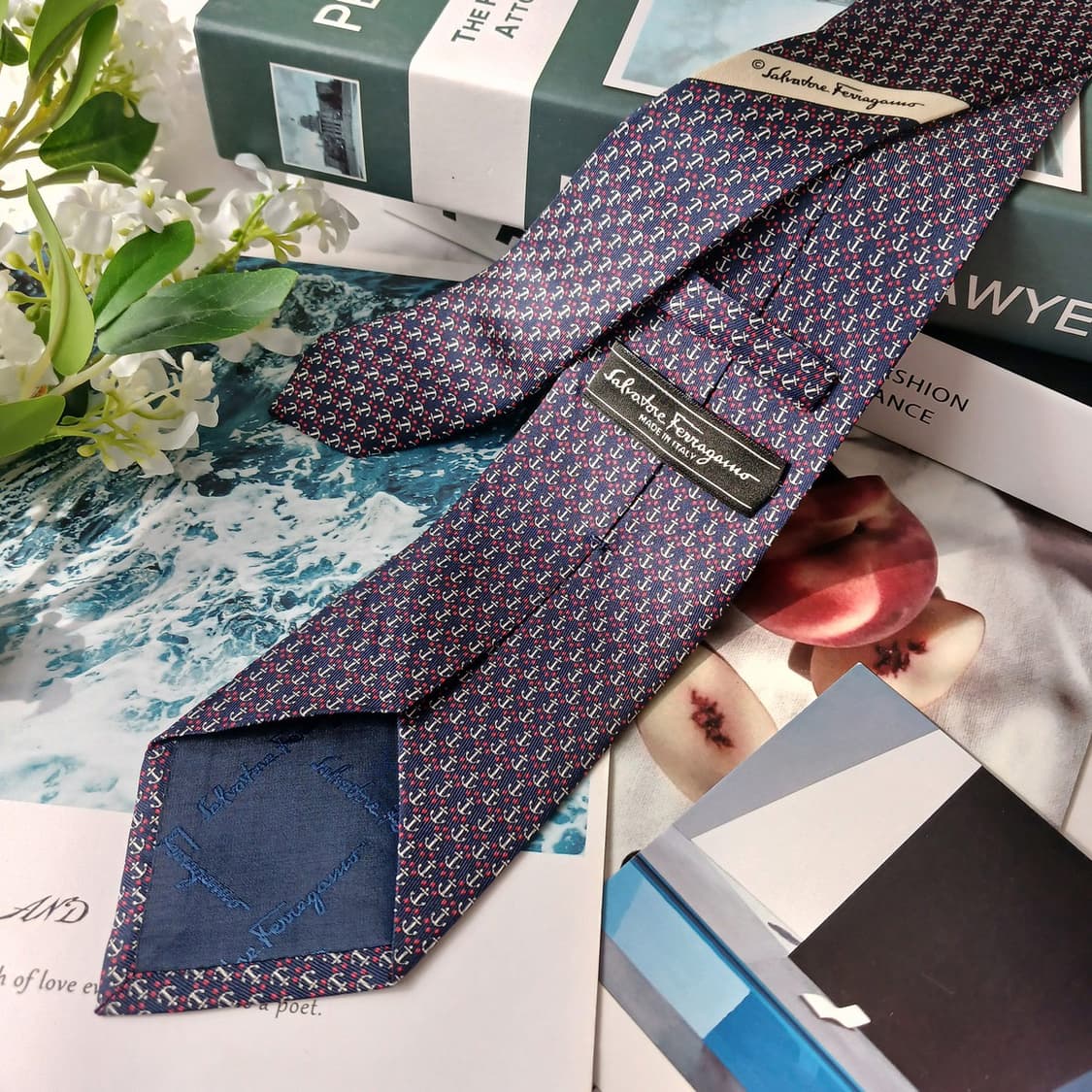 살바토레 페라가모 실크 앵커 패턴 넥타이 8.1cm S~A+등급 E724 상품이미지3