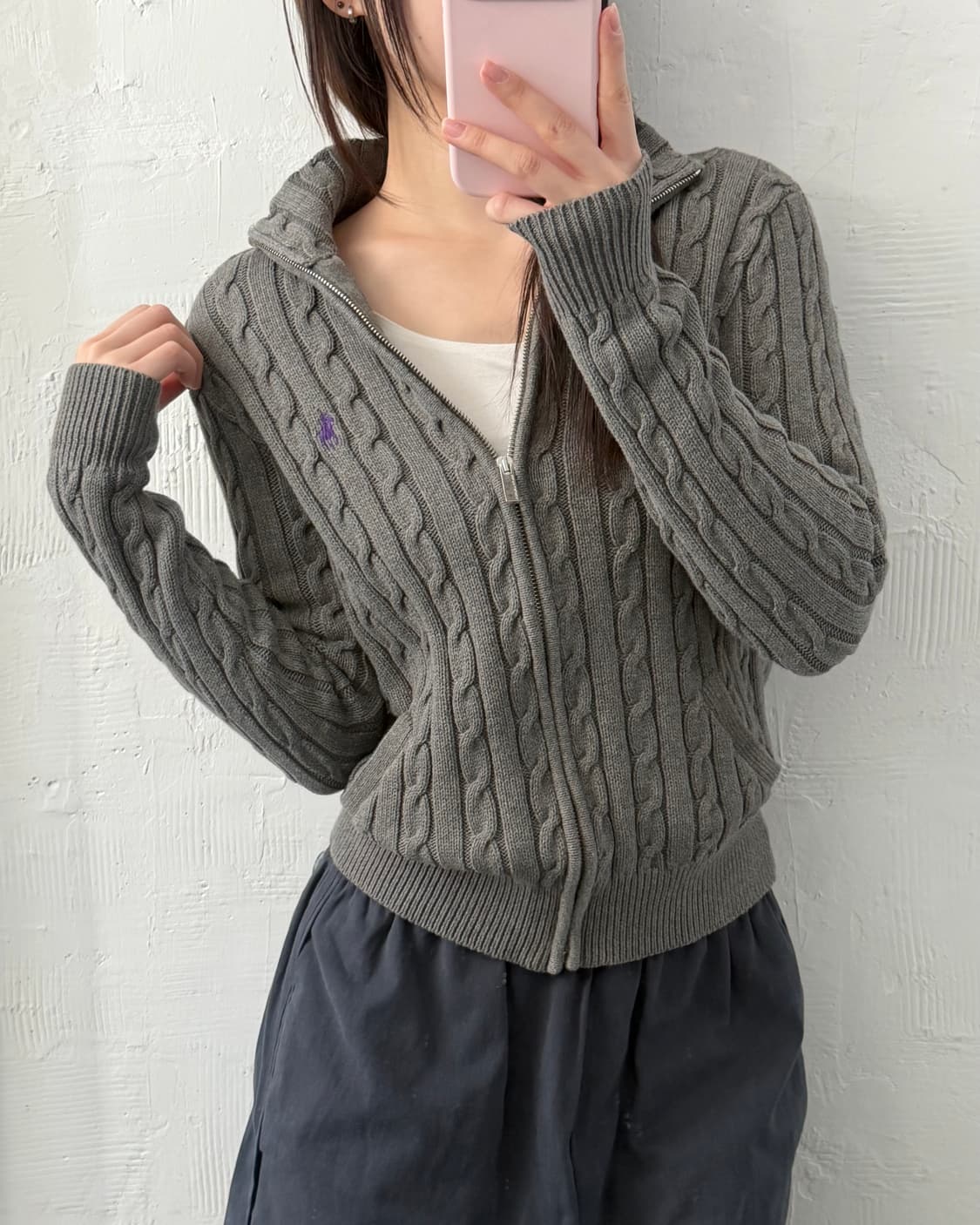 Polo 랄프로렌 우먼 코튼 그레이컬러 케이블 니트집업 상품이미지1