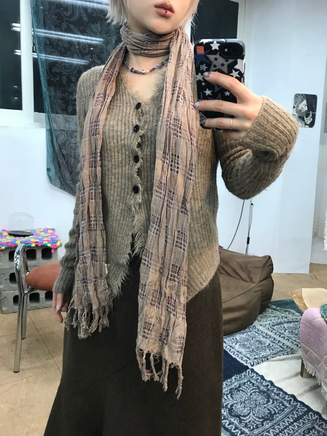 빈티지 린넨 체크 머플러  상품이미지1