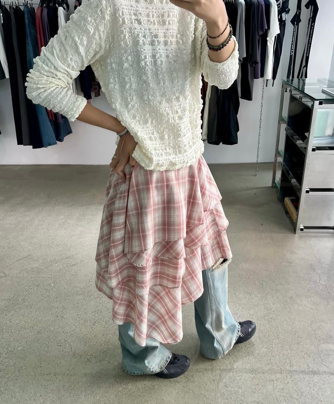 999휴머니티 체크 레이어드 미디 스커트 핑크 상품이미지1