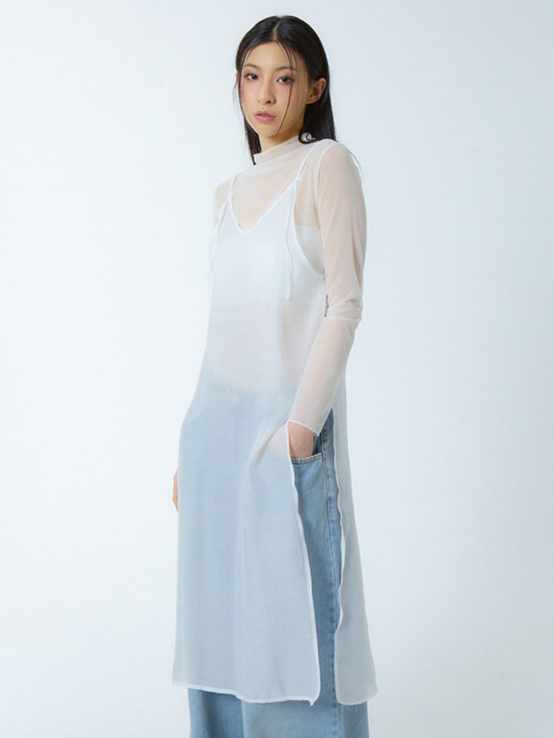 언노운플라넷 시스루 슬릿 원피스 화이트 상품이미지2