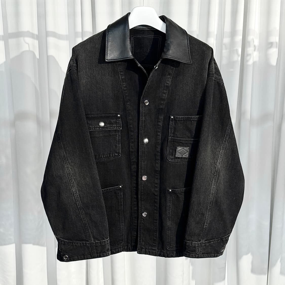 (48) 26SS 우영미 블랙 레더 데님 워싱 자켓 블랙 상품이미지1