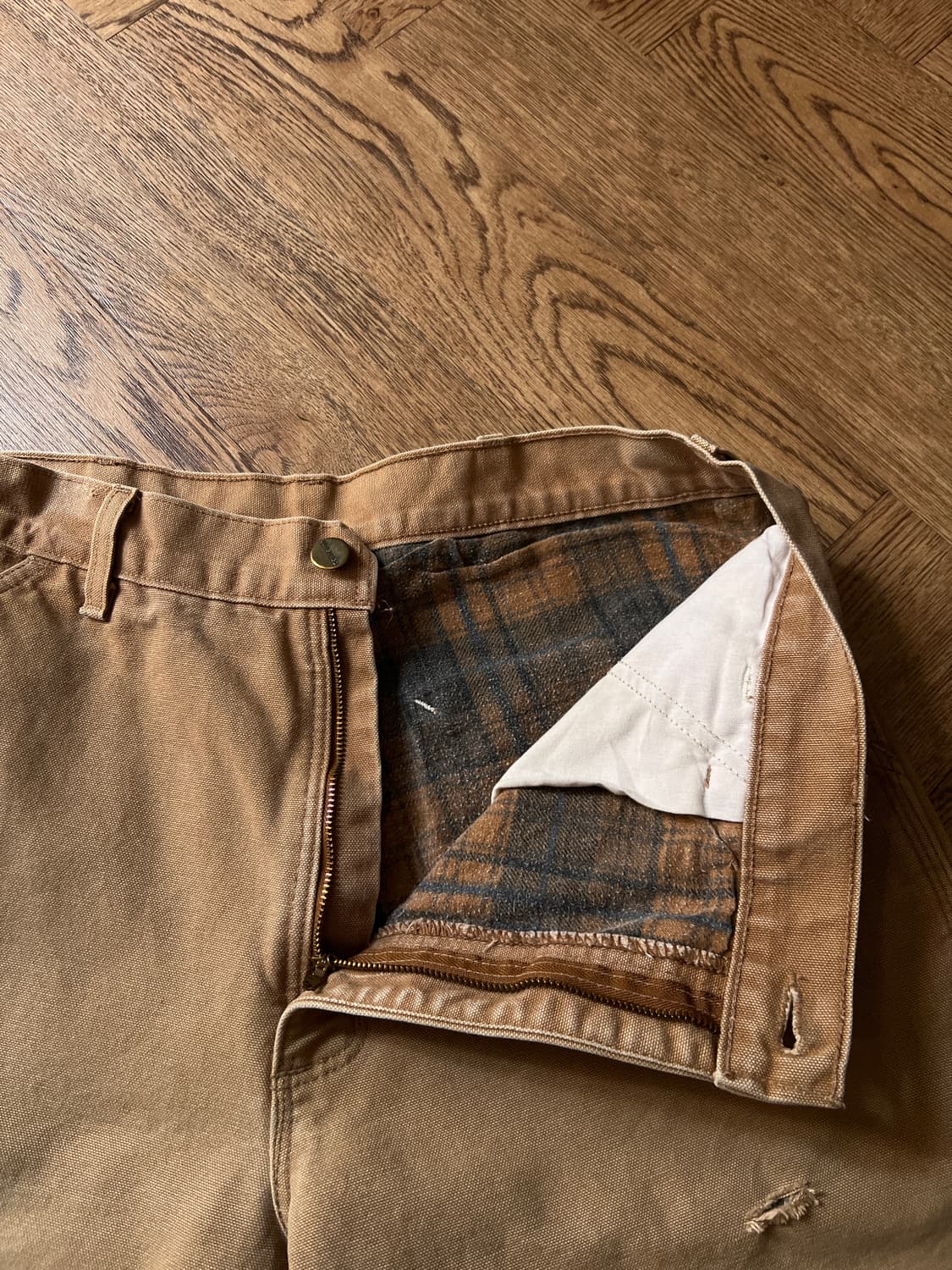 [33]칼하트 USA 체크 라이닝 브라운 싱글니 카펜터 워크 팬츠 상품이미지3