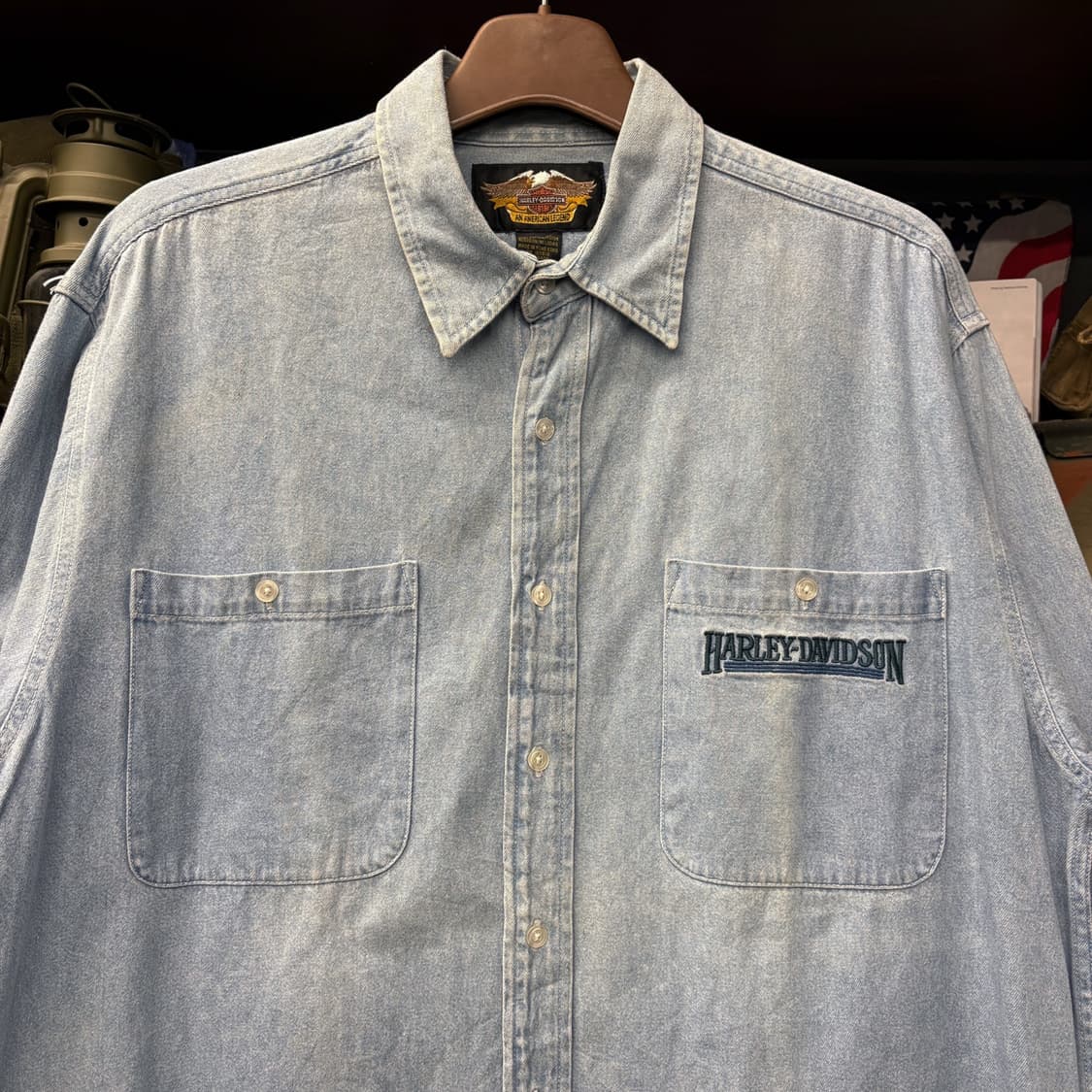 00s 할리데이비슨 클래식 레터링 패치 라이트워시 워크 데님셔츠 N282 상품이미지3