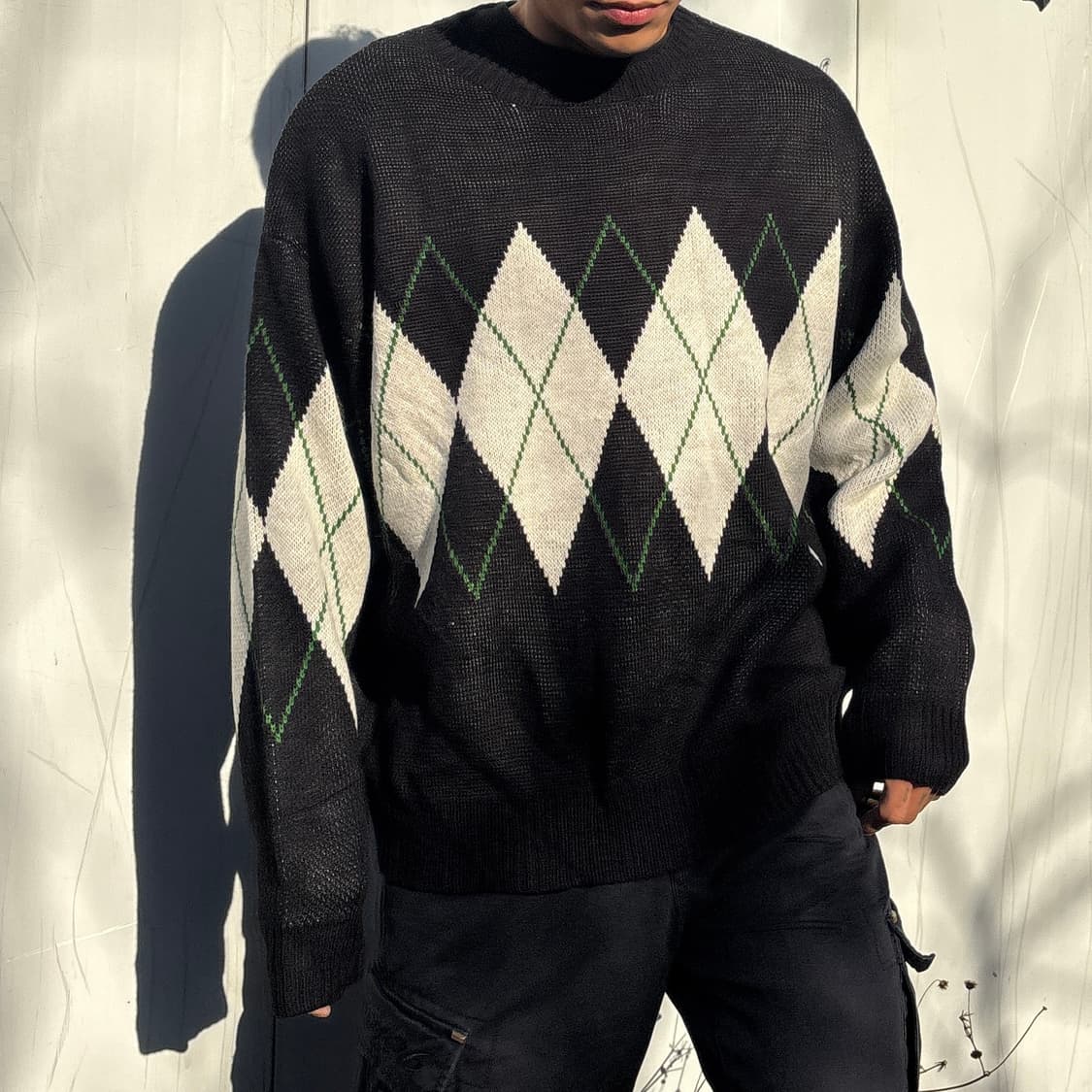 모노마트 블랙 아가일 체크 패턴 오버핏 라운드 니트 (L) 상품이미지3