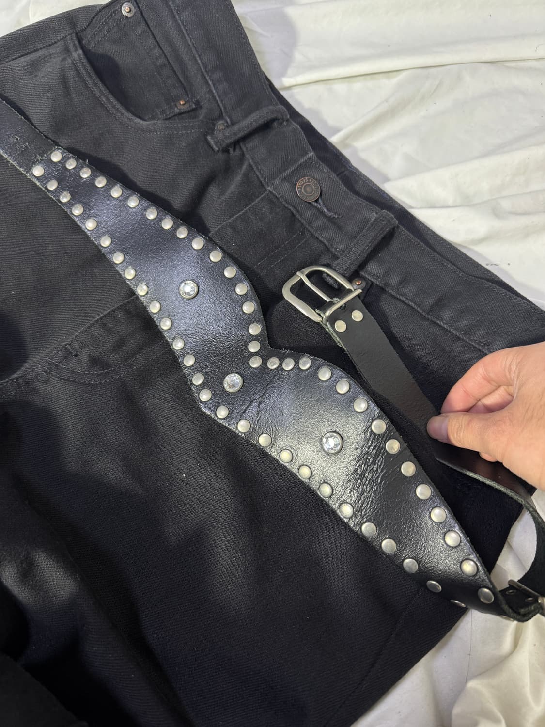 빈티지 크리스탈 스터드 레더 벨트 상품이미지1