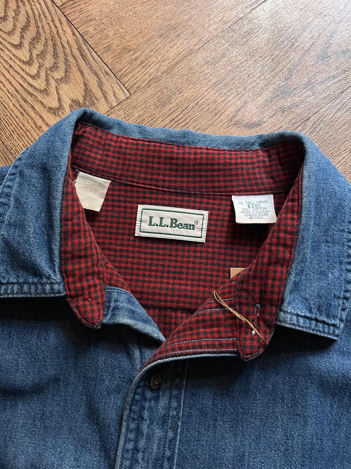 [XL]90's 엘엘빈 캐나다제 체크 라이닝 데님 워크 셔츠 상품이미지2