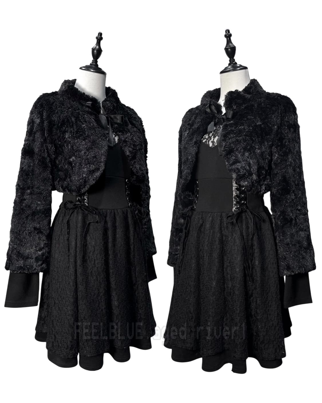 Black Fur Crop Jacket, Corset Lace Dress 상품이미지3