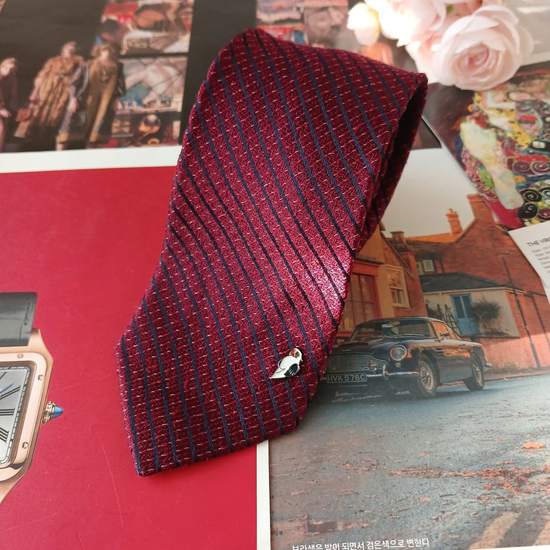 질스튜어트 버건디 스트라이프 텍스처 넥타이 7.3cm A등급 K19188 상품이미지1