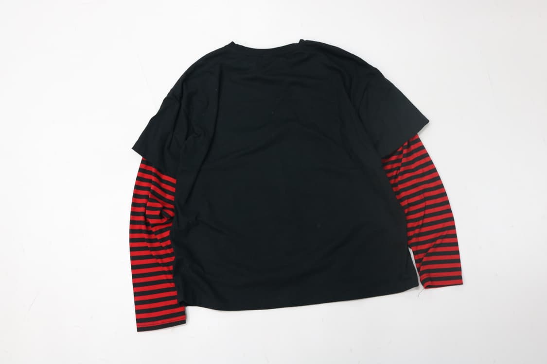 펑크룩 스컬 사신 프린팅 레드 스트라이프 레이어드 긴팔티 상품이미지5